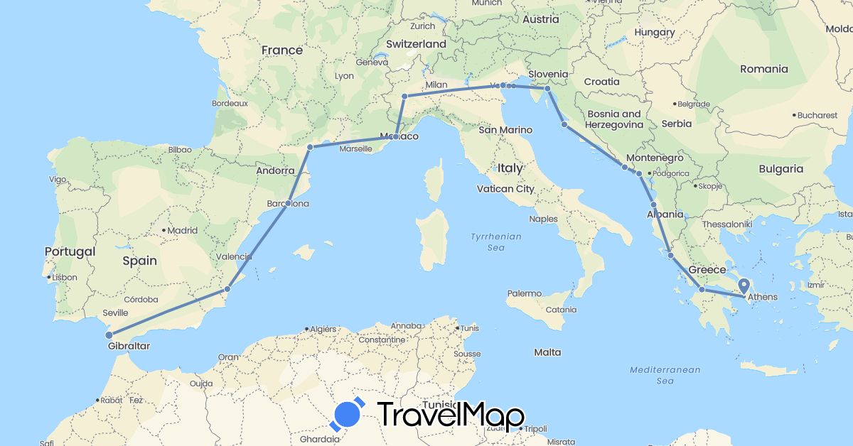 TravelMap itinerary: driving, cycling in Albania, Spain, France, Greece, Croatia, Italy, Montenegro (Europe)